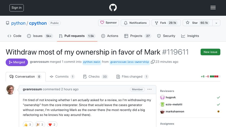 Screenshot of github.com: Withdraw most of my ownership in favor of Mark