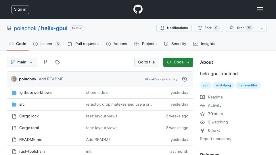 Screenshot of github.com: Helix-gpui: A simple GUI for the Helix editor