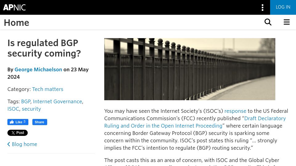 Screenshot of blog.apnic.net: Is regulated BGP security coming?