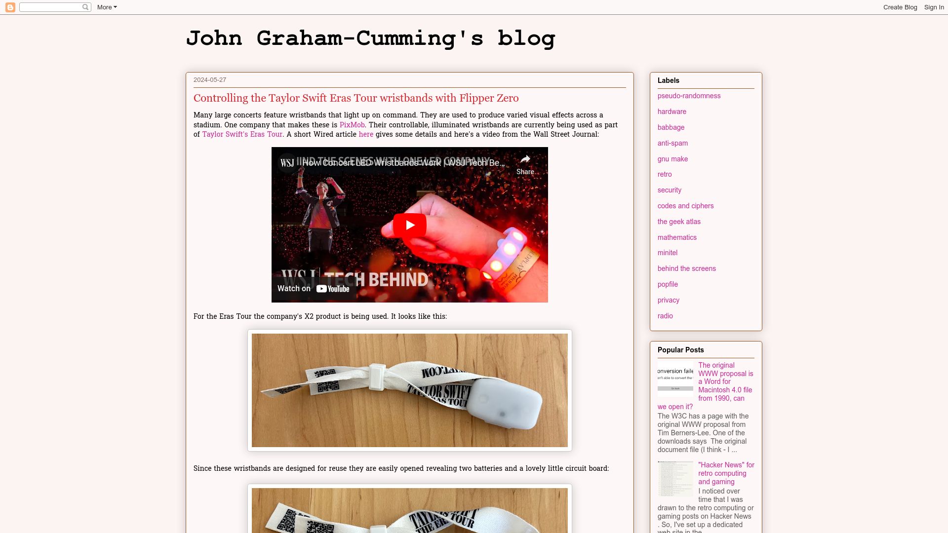 Screenshot of blog.jgc.org: Controlling the Taylor Swift Eras Tour wristbands with Flipper Zero