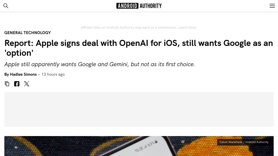 Screenshot of androidauthority.com: Apple signs deal with OpenAI for iOS, still wants Google as an 'option'