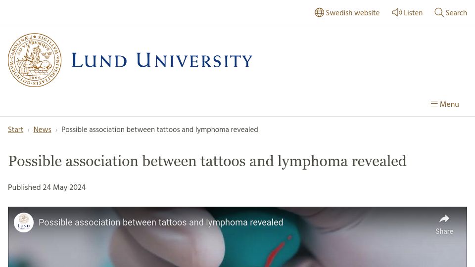 Screenshot of lunduniversity.lu.se: Possible association between tattoos and lymphoma