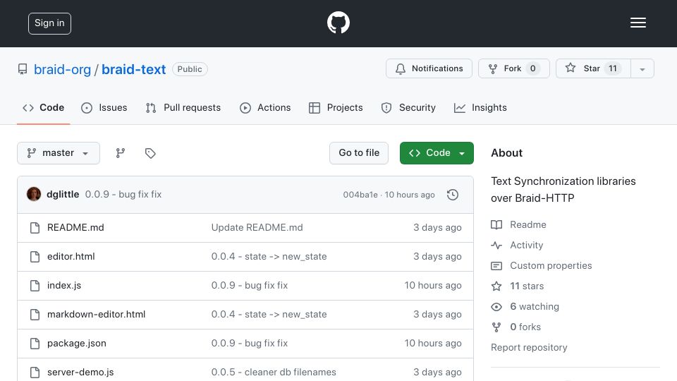 Screenshot of github.com: Braid-Text: Text Synchronization Libraries over Braid-HTTP
