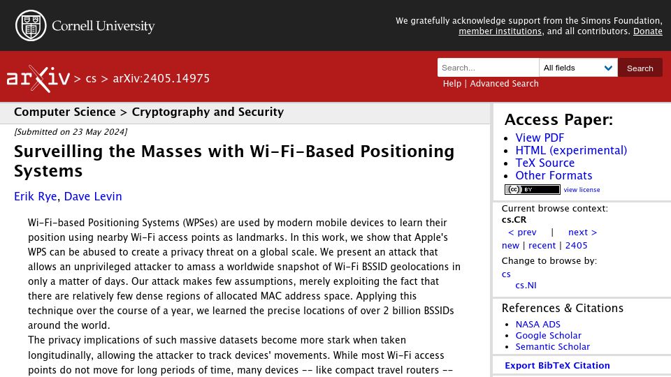 Screenshot of arxiv.org: Surveilling the masses with wi-fi-based positioning systems