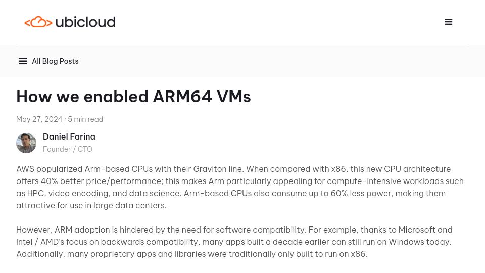 Screenshot of ubicloud.com: How we enabled ARM64 VMs