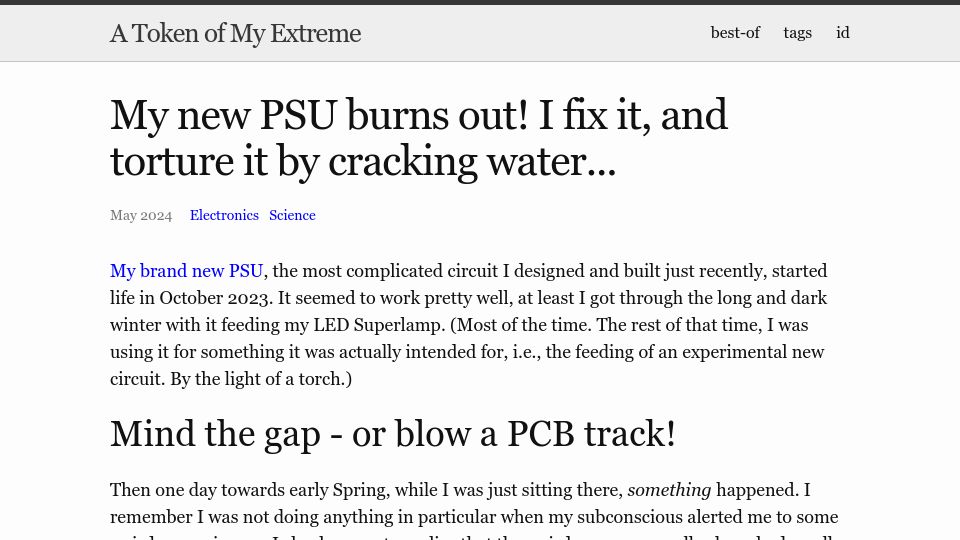 Screenshot of tomscii.sig7.se: My new PSU burns out – I fix it, and torture it by cracking water