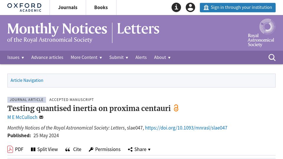 Screenshot of academic.oup.com: Testing quantised inertia on Proxima Centauri