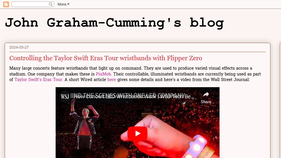 Screenshot of blog.jgc.org: Controlling the Taylor Swift Eras Tour wristbands with Flipper Zero