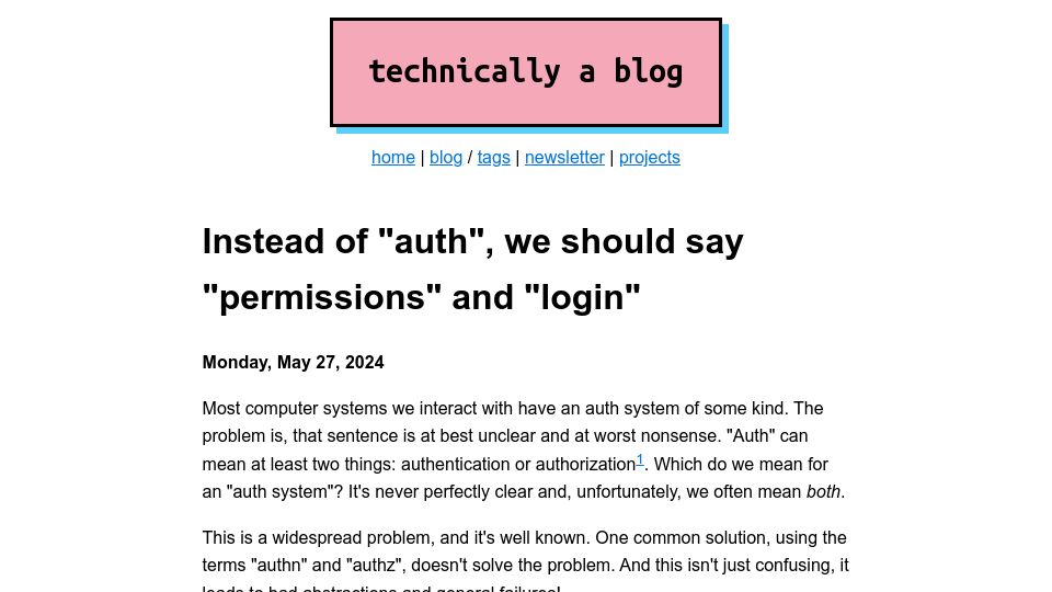 Screenshot of ntietz.com: Instead of “auth”, we should say “permissions” and “login”