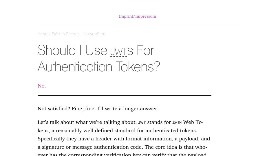 Screenshot of blog.ploetzli.ch: Should I use JWTs for authentication tokens?