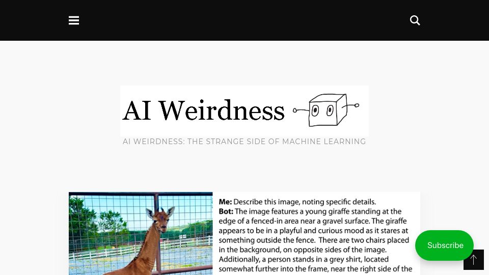 Screenshot of aiweirdness.com: AI vs. a giraffe with no spots (2023)