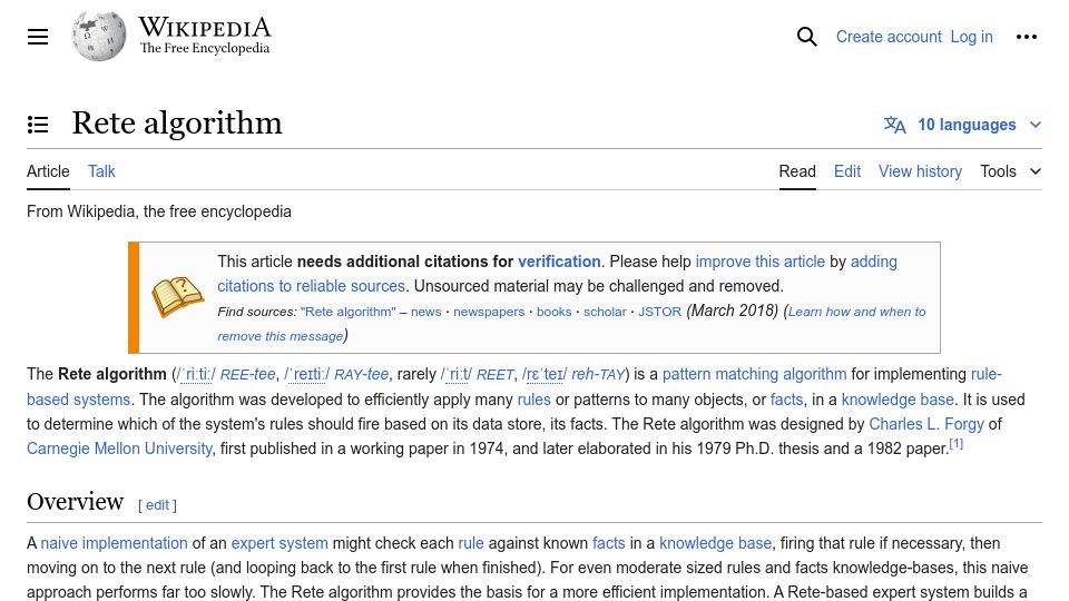 Screenshot of en.wikipedia.org: Rete algorithm