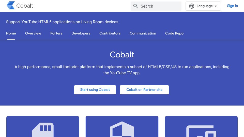 Screenshot of developers.google.com: Cobalt – lightweight HTML5 application container from YouTube