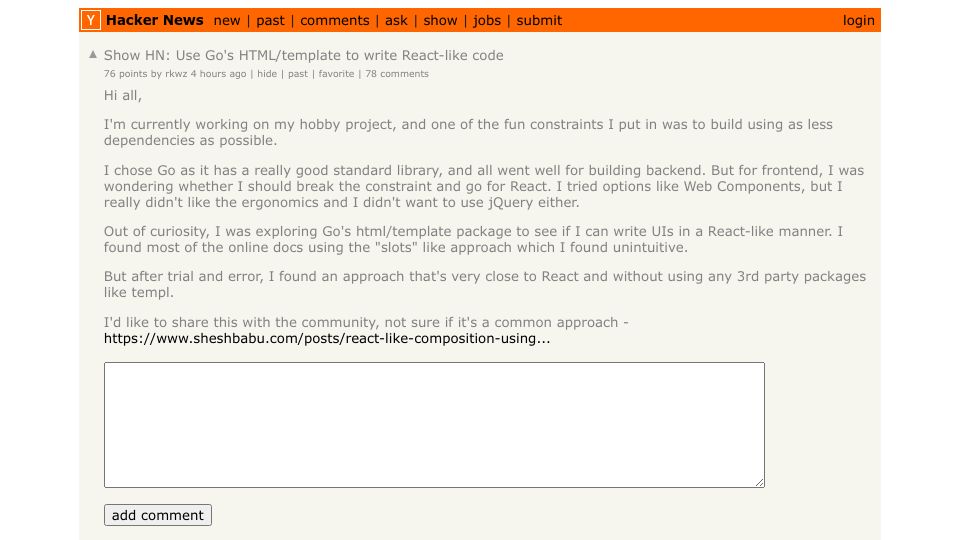 Screenshot of Hacker News post: Show HN: Use Go's HTML/template to write React-like code