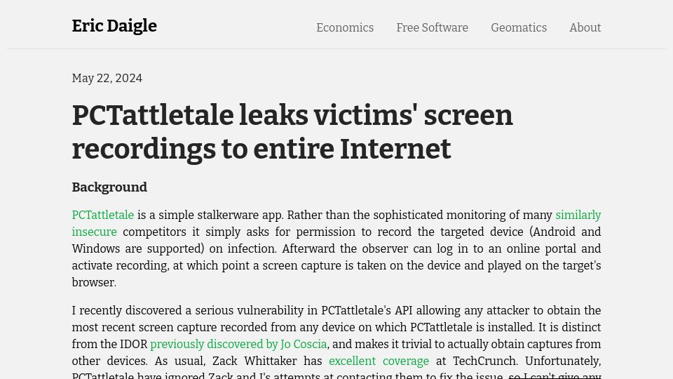 Screenshot of ericdaigle.ca: PcTattletale leaks victims' screen recordings to entire Internet