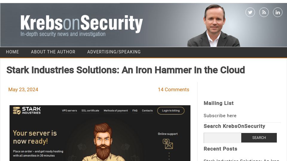 Screenshot of krebsonsecurity.com: Stark Industries Solutions: An Iron Hammer in the Cloud