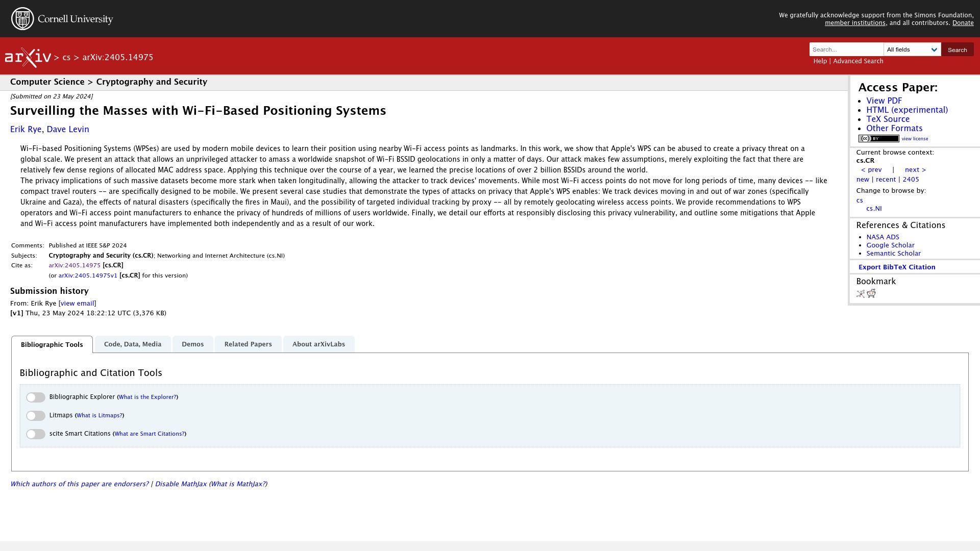 Screenshot of arxiv.org: Surveilling the masses with wi-fi-based positioning systems