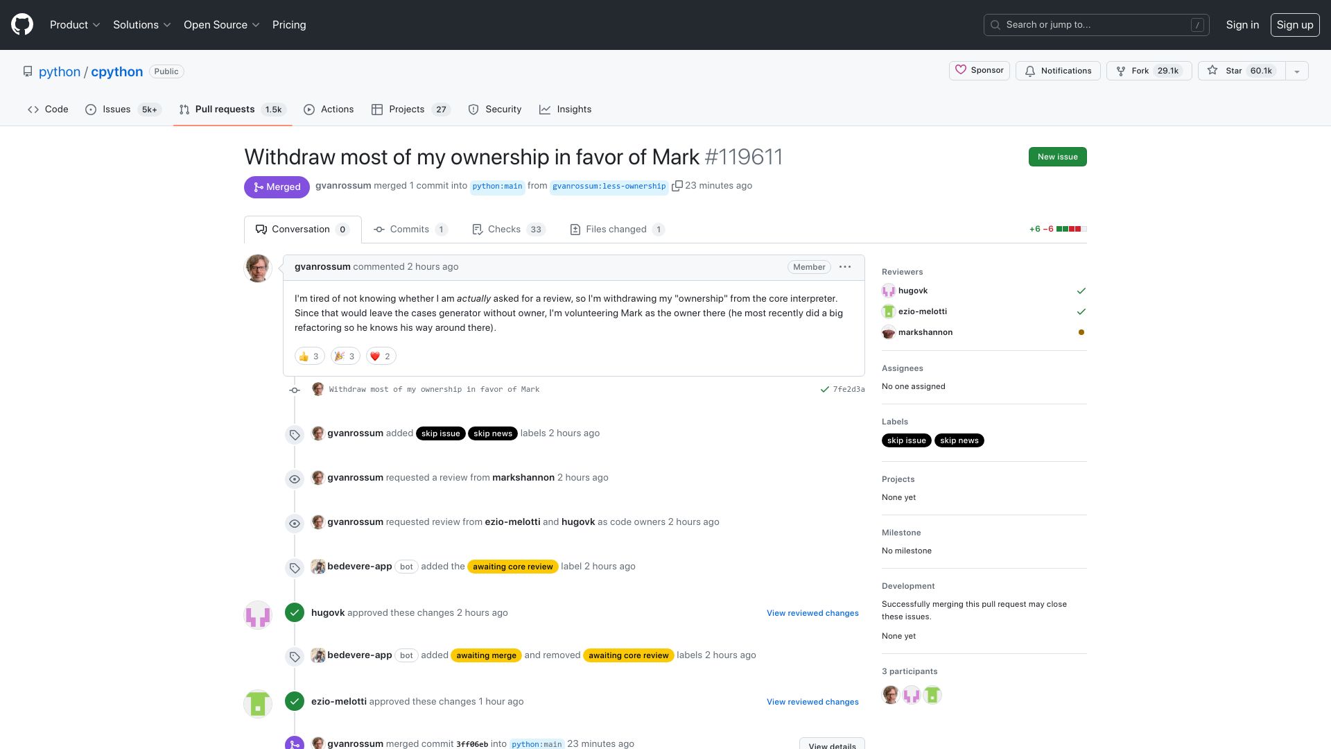 Screenshot of github.com: Withdraw most of my ownership in favor of Mark