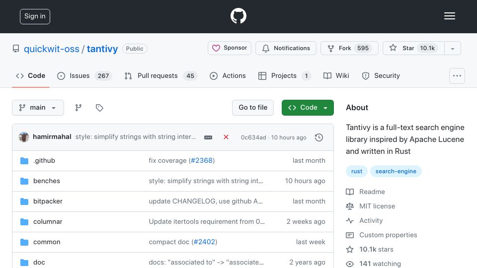 Screenshot of github.com: Tantivy – full-text search engine library inspired by Apache Lucene