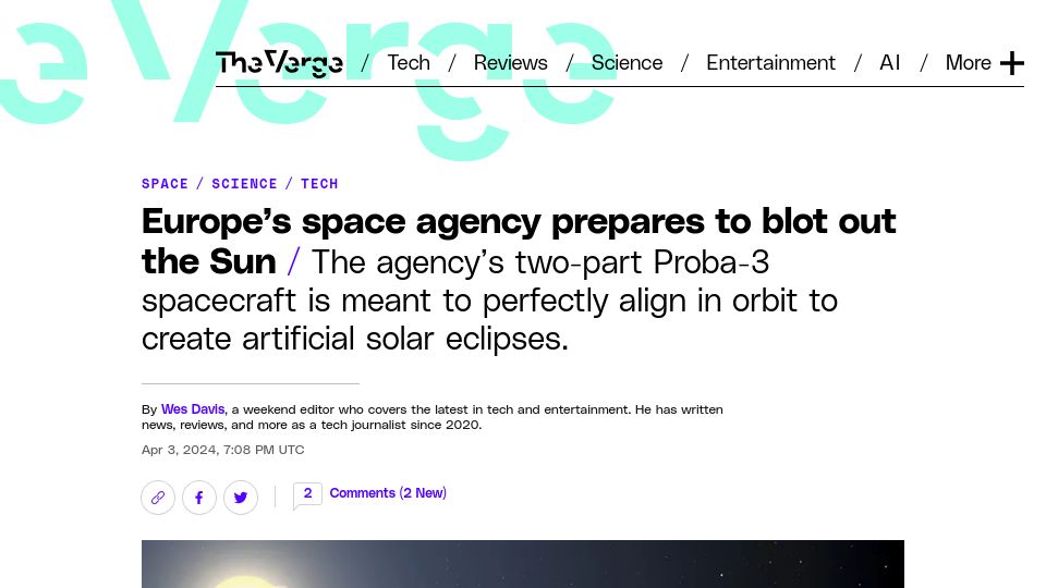 Screenshot of theverge.com: ESA two-part Proba-3 spacecraft is meant to create artificial solar eclipses