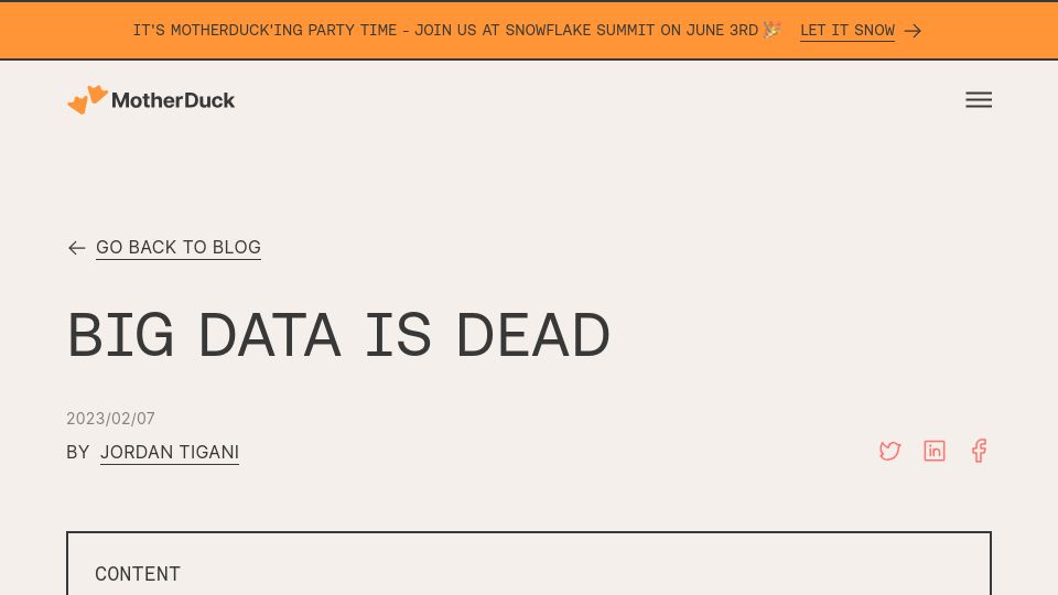 Screenshot of motherduck.com: Big data is dead (2023)