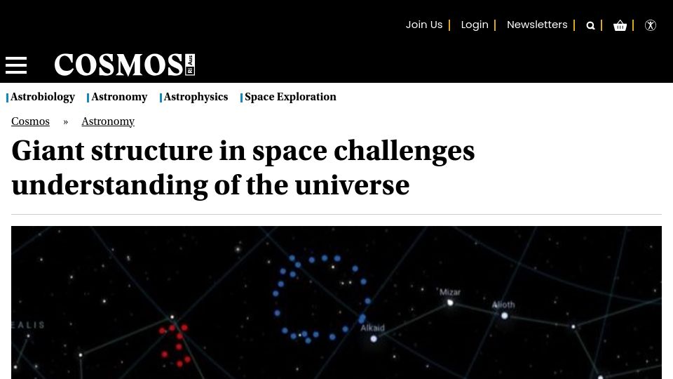 Screenshot of cosmosmagazine.com: A 1.3B-light-year-across ring of galaxies has confounded astronomers