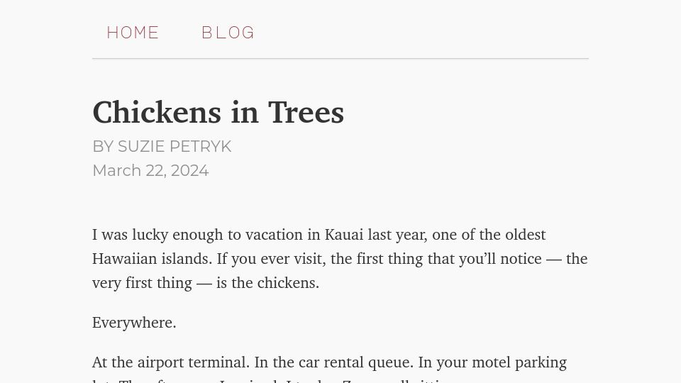 Screenshot of suziepetryk.com: Chickens in Trees