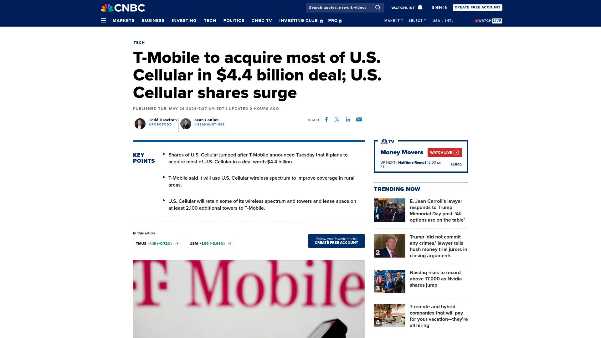 Screenshot of cnbc.com: T-Mobile to acquire most of U.S. Cellular in $4.4B deal