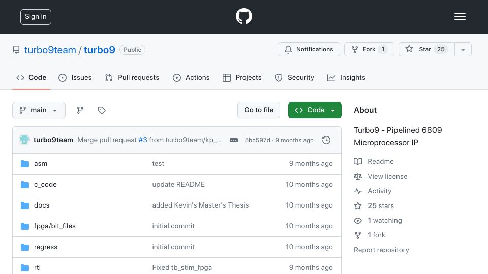 Screenshot of github.com: Turbo9 – A Compact and Efficient Pipelined 6809 Microprocessor IP