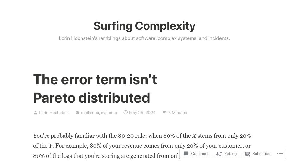 Screenshot of surfingcomplexity.blog: The error term isn't Pareto distributed