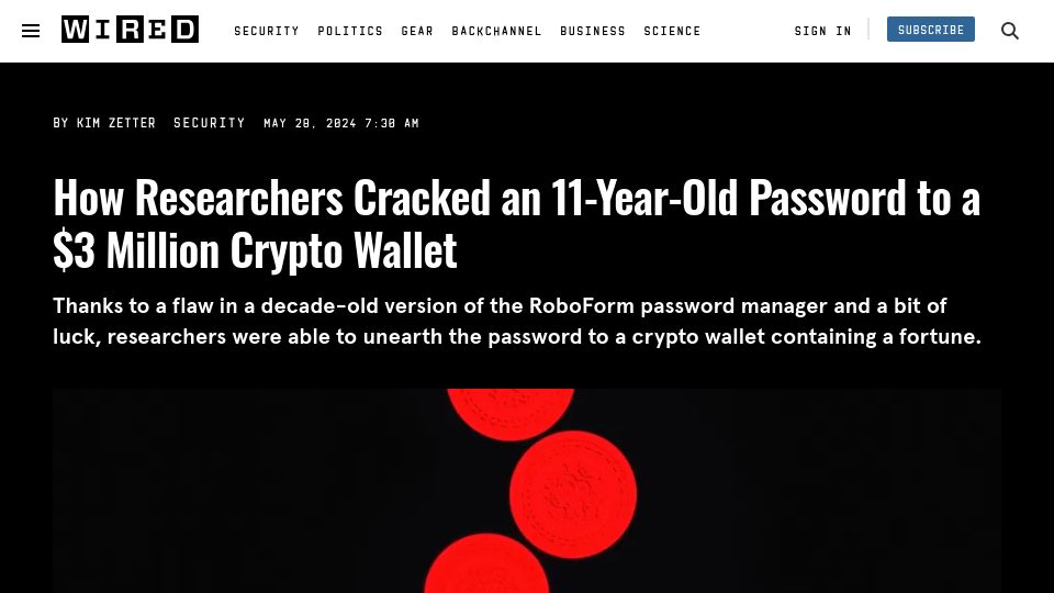 Screenshot of wired.com: Researchers cracked an 11-year-old password to a $3M crypto wallet