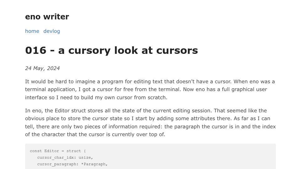 Screenshot of eno-writer.com: A Cursory Look at Cursors