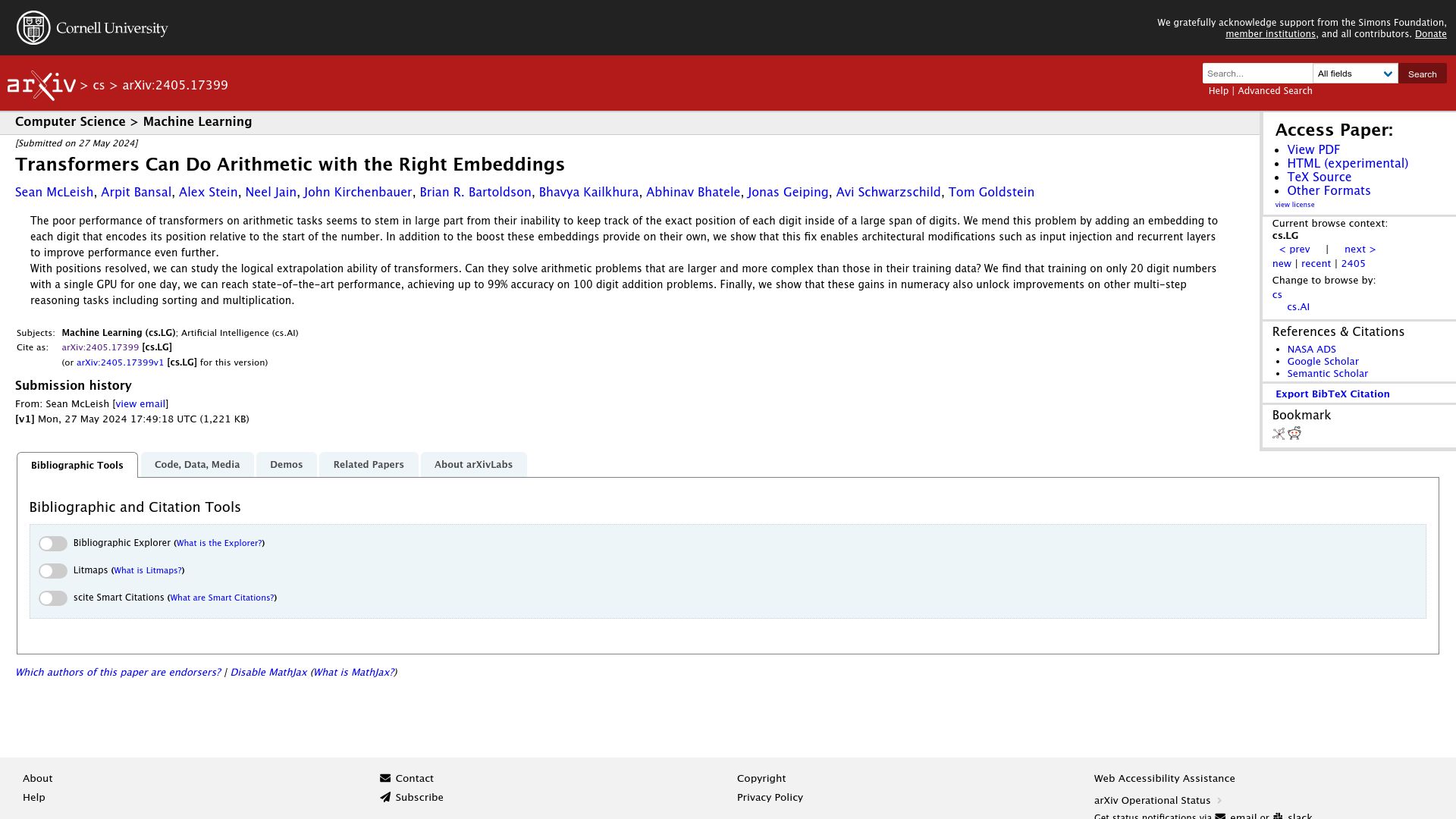 Screenshot of arxiv.org: Transformers Can Do Arithmetic with the Right Embeddings