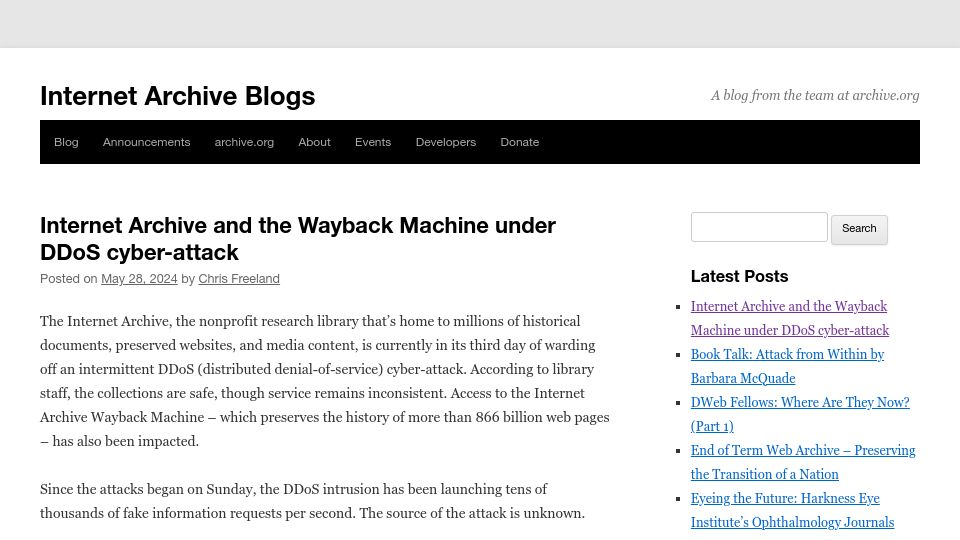 Screenshot of blog.archive.org: Internet Archive and the Wayback Machine under DDoS cyber-attack