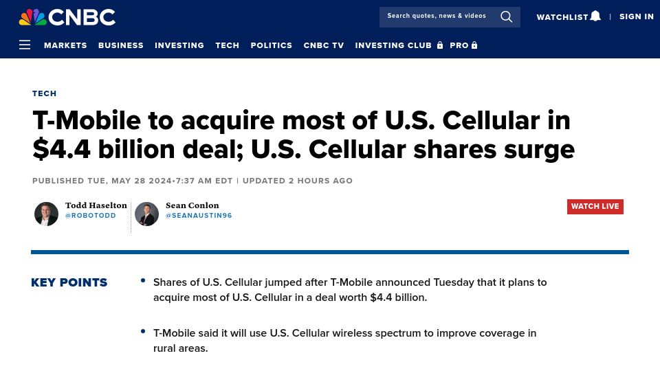 Screenshot of cnbc.com: T-Mobile to acquire most of U.S. Cellular in $4.4B deal