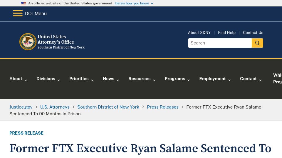 Screenshot of justice.gov: Former FTX Executive Ryan Salame Sentenced to 90 Months in Prison