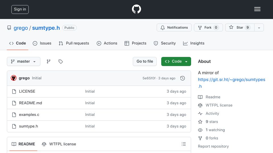 Screenshot of github.com: Show HN: Sum (algebraic) types for C in one 100 line header