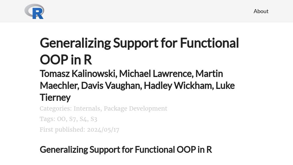 Screenshot of blog.r-project.org: Generalizing Support for Functional OOP in R