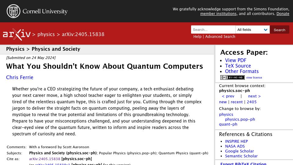 Screenshot of arxiv.org: What You Shouldn't Know About Quantum Computers