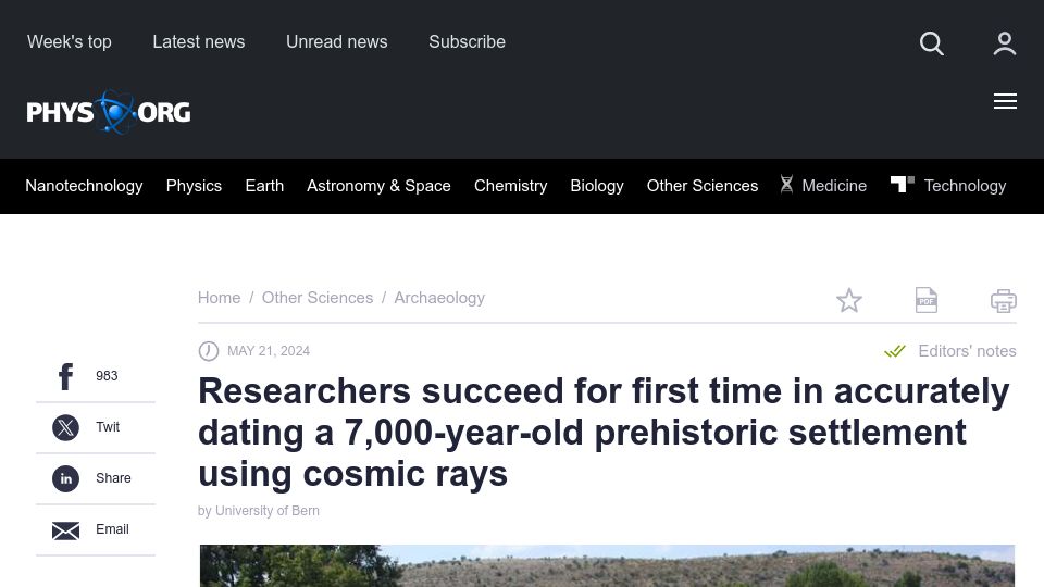 Screenshot of phys.org: Researchers accurately dating a 7k-year-old settlement using cosmic rays