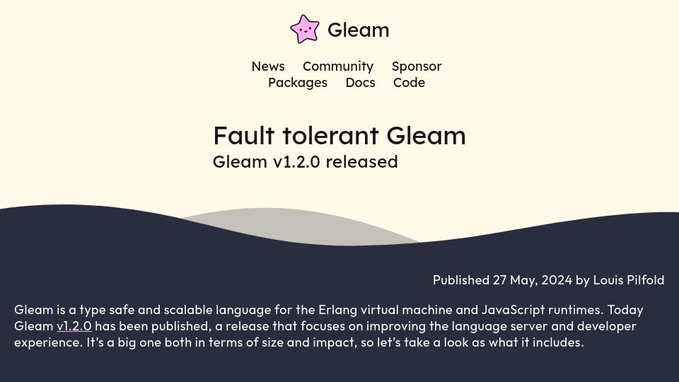 Screenshot of gleam.run: Gleam 1.2.0 release – Fault tolerant Gleam