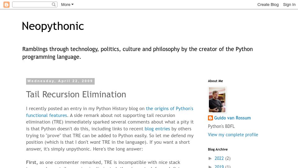 Screenshot of neopythonic.blogspot.com: Tail Recursion Elimination (2009)