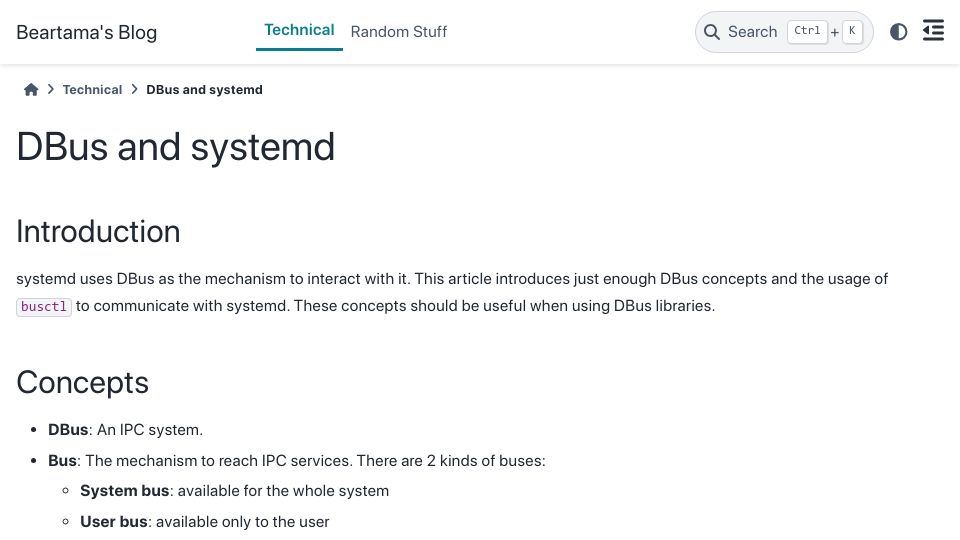 Screenshot of uyha.github.io: DBus and Systemd