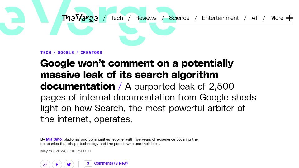 Screenshot of theverge.com: Google won’t comment on a leak of its search algorithm documentation