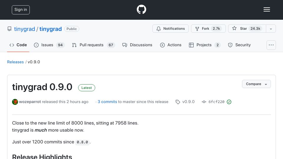 Screenshot of github.com: Tinygrad 0.9.0
