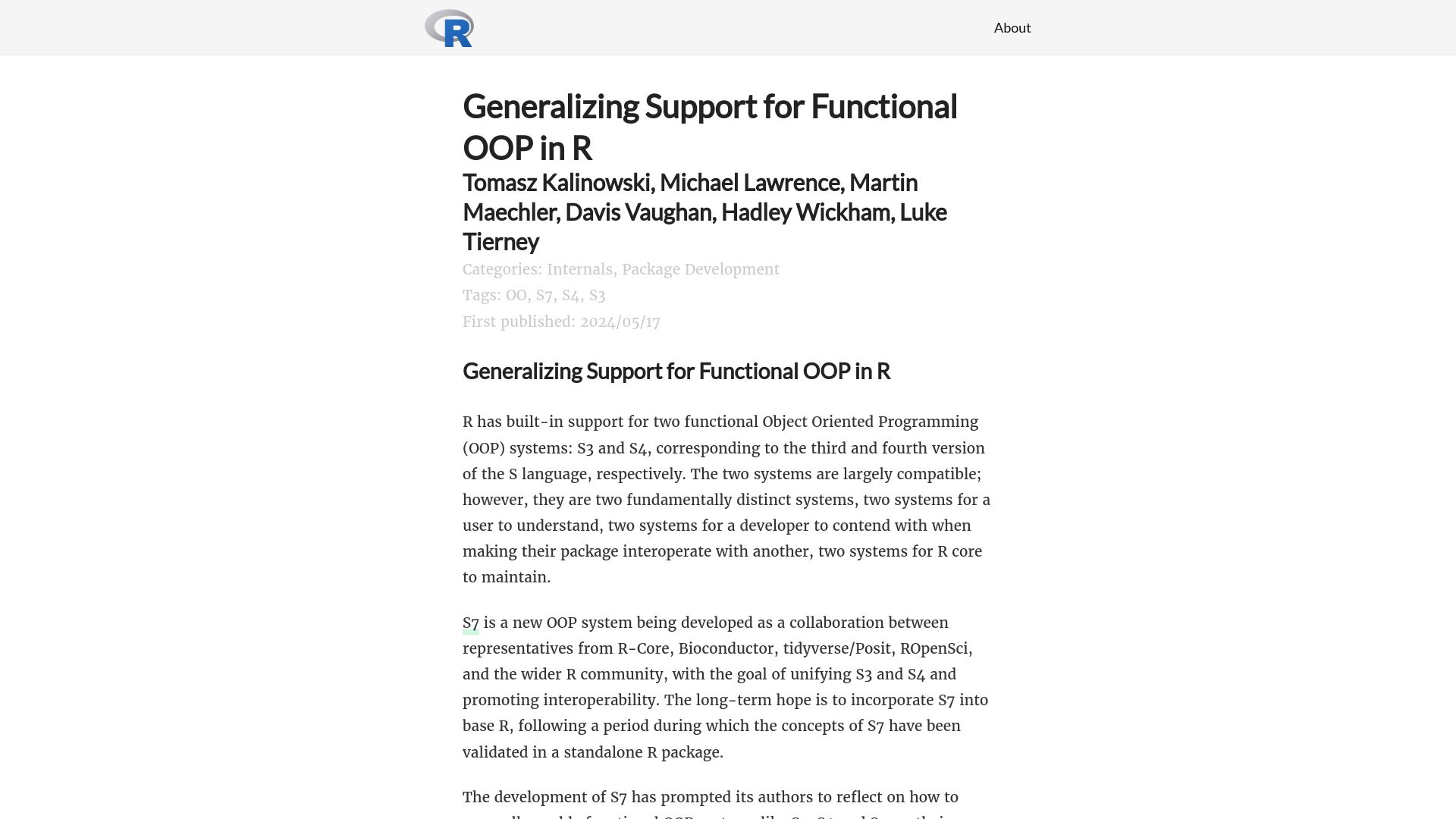 Screenshot of blog.r-project.org: Generalizing Support for Functional OOP in R