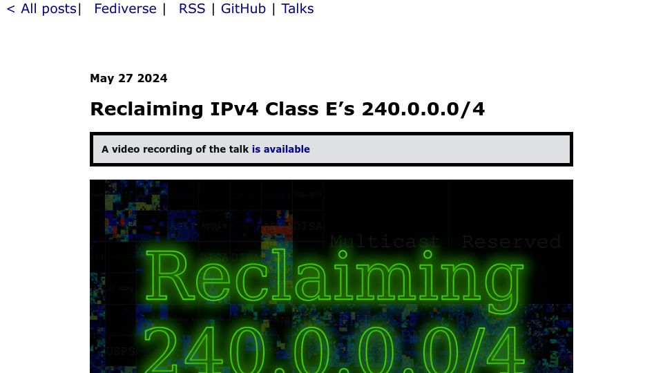 Screenshot of blog.benjojo.co.uk: Reclaiming IPv4 Class E's 240.0.0.0/4