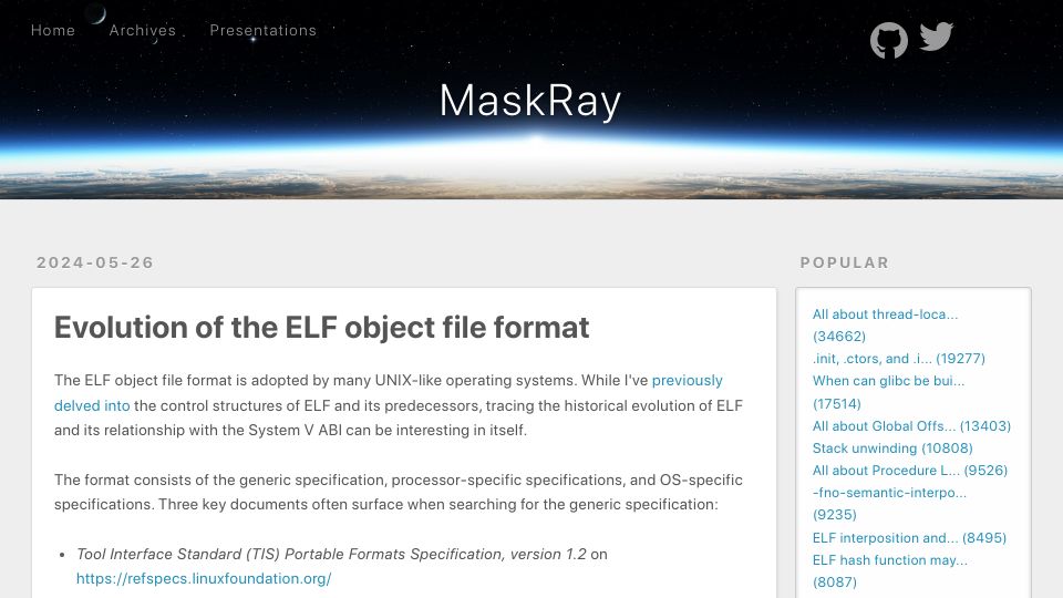 Screenshot of maskray.me: Evolution of the ELF object file format