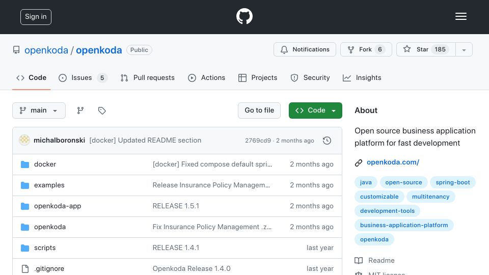 Screenshot of github.com: Show HN: Openkoda – Open–source, private, Salesforce alternative