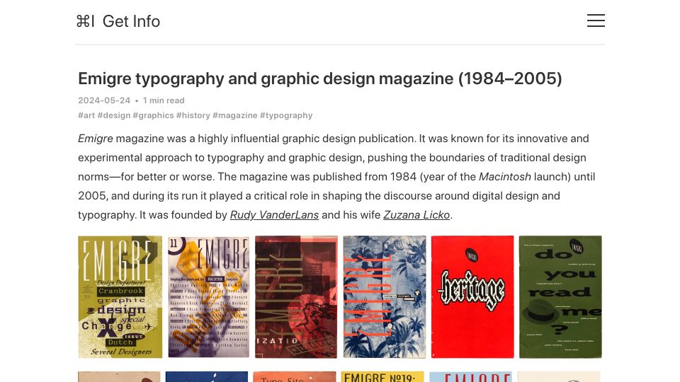 Screenshot of blog.gingerbeardman.com: Emigre typography and graphic design magazine (1984–2005)
